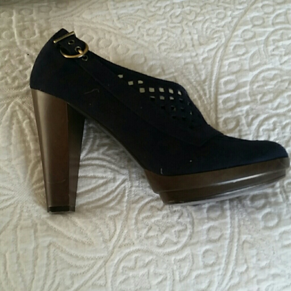 Navy Suede Platform Block Heel Pumps - Picture 5 of 7